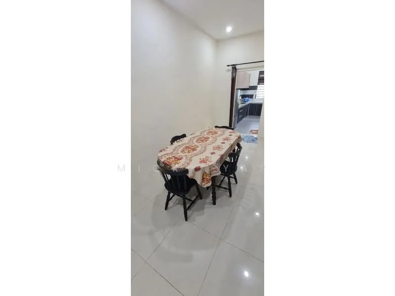 Dining features: rectangular dining table with floral tablecloth, 6 black wooden dining chairs, white walls, glossy white tile flooring, recessed downlights, open layout to kitchen, window with curtain, neutral decor; style: modern.