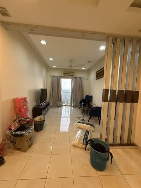Living features: cream painted walls, glossy tile flooring, recessed downlights, floor-to-ceiling windows, curtains, TV console, wall-mounted TV, seating area with chairs, decorative wall paneling, storage boxes, laundry basket; style: modern; view: city.