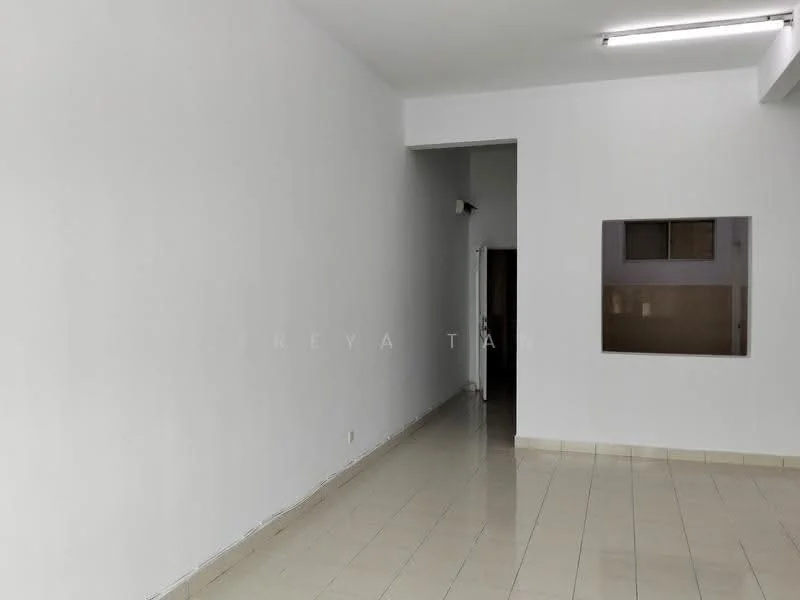Room features: white painted walls, glossy ceramic tile flooring, fluorescent ceiling lights, doorway leading to another room, window opening, neutral color scheme; style: modern.