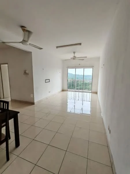 Living features: white painted walls, glossy ceramic tile flooring, 2 ceiling fans, large sliding glass door, floor-to-ceiling windows, mountain view, dining table, neutral decor; style: minimalist; view: mountain.