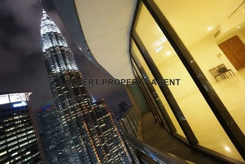 Room features: floor-to-ceiling windows, marble flooring, balcony with city view, modern lighting, open layout, glass railing, neutral wall color, minimalist decor; style: modern; view: city.