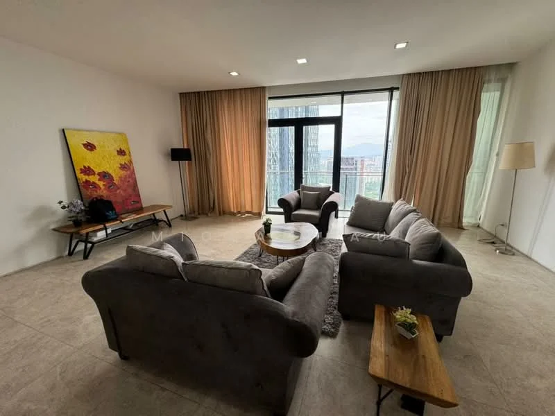 Living features: grey fabric 3-seater sofa, grey fabric 2-seater sofa, round coffee table, wooden side table, floor lamp, TV console, framed artwork with floral design, large floor-to-ceiling windows, sheer curtains, recessed downlights, tile flooring, area rug; style: modern; view: city.
