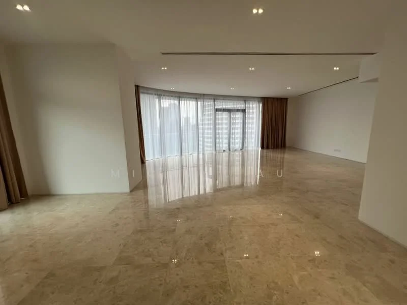 Living features: marble flooring, white painted walls, floor-to-ceiling windows, sheer curtains, recessed downlights, open layout, neutral color palette, city view; style: modern; view: city.