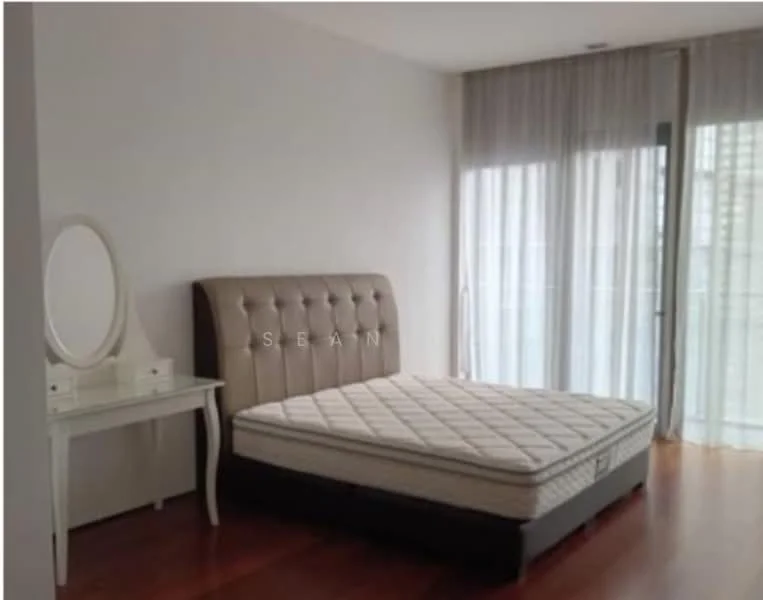 Bedroom features: queen-size bed, upholstered headboard, wooden flooring, floor-to-ceiling windows, sheer curtains, dressing table with mirror, white painted walls, natural light; style: modern; view: city.