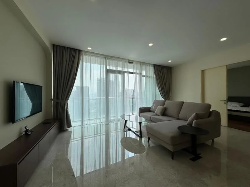 Living features: 3-seater fabric sofa in light grey, glass coffee table, wall-mounted TV, TV console in dark wood, floor-to-ceiling windows, sheer curtains, marble flooring, recessed downlights, neutral painted walls; style: modern; view: city.