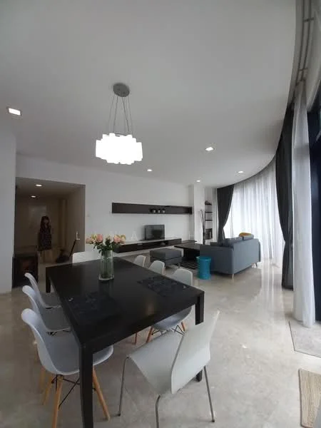 Dining features: marble flooring, white painted walls, chandelier light fixture, 6-seater dining table in black, white dining chairs, TV console, wall-mounted TV, floor-to-ceiling windows with sheer curtains, grey fabric sofa, decorative vase with flowers, open shelving unit, dark accent wall; style: modern; view: city. Room features: white painted walls, marble flooring.