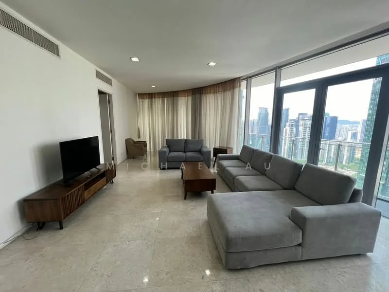 Living features: grey fabric sectional sofa, 2-seater grey fabric sofa, wooden coffee table, TV console, wall-mounted TV, floor-to-ceiling windows, sheer curtains, marble tile flooring, recessed downlights, decorative wall paneling; style: modern; view: city.