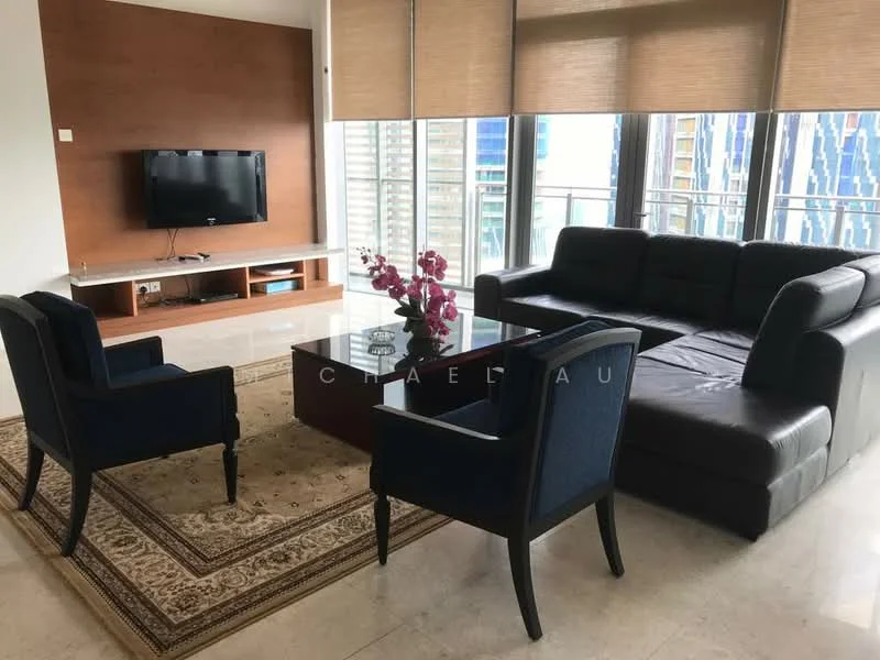 Living features: black leather sofa, 2 upholstered armchairs in navy blue, wood coffee table, area rug with intricate pattern, wall-mounted TV, wood media console, large windows with blinds, decorative flowers in vase, marble flooring, neutral painted walls; style: modern; view: city.