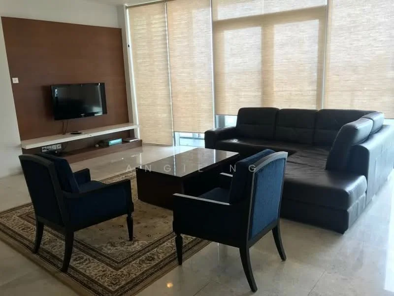 Living features: 3-seater leather sofa in black, 2 upholstered armchairs in navy blue, coffee table, TV console, wall-mounted TV, area rug with geometric pattern, large windows with sheer blinds, marble flooring, wood accent wall, decorative wall art; style: modern; view: city.