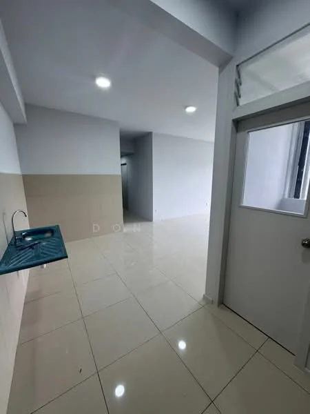 Room features: white painted walls, cream tiled flooring, single-bowl stainless-steel sink, wall-mounted faucet, recessed LED downlights, door with glass panel, open layout, large windows, neutral color scheme; style: modern.