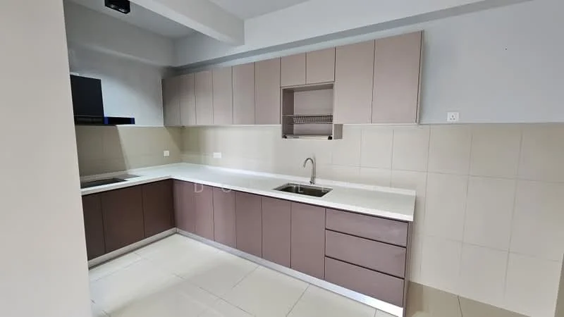 Kitchen features: L-shaped kitchen layout, light brown cabinetry, dark brown lower cabinets, white quartz countertop, single-bowl stainless-steel sink, chrome pull-down faucet, built-in oven, ceramic tile backsplash, recessed downlights, white tiled flooring, open shelving, wall-mounted range hood; style: modern.