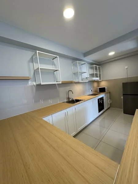 Kitchen features: white cabinetry, wooden countertop, stainless-steel sink, chrome pull-down faucet, built-in microwave, stainless-steel fridge, ceramic tile flooring, open shelving, recessed downlights, grey tiled backsplash; style: modern.