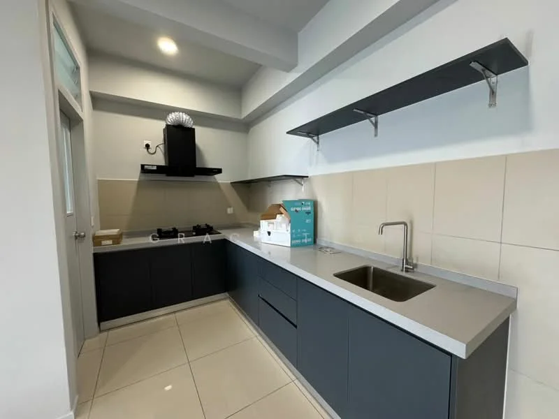 Kitchen features: grey cabinetry, white countertop, single-bowl stainless-steel sink, chrome pull-down faucet, built-in gas hob, stainless-steel range hood, wall-mounted shelf, cream tiled backsplash, ceramic tile flooring, recessed downlights, white painted walls; style: modern.