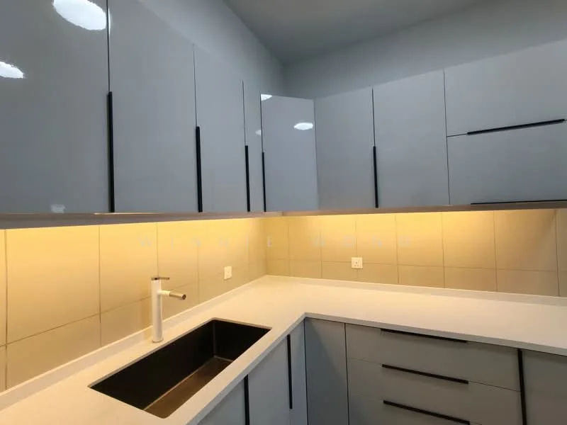 Kitchen features: grey flat-panel cabinets, white quartz countertop, single-bowl stainless-steel sink, chrome pull-down faucet, white tile backsplash, recessed LED downlights, under-cabinet lighting, built-in appliances, open shelving; style: modern.