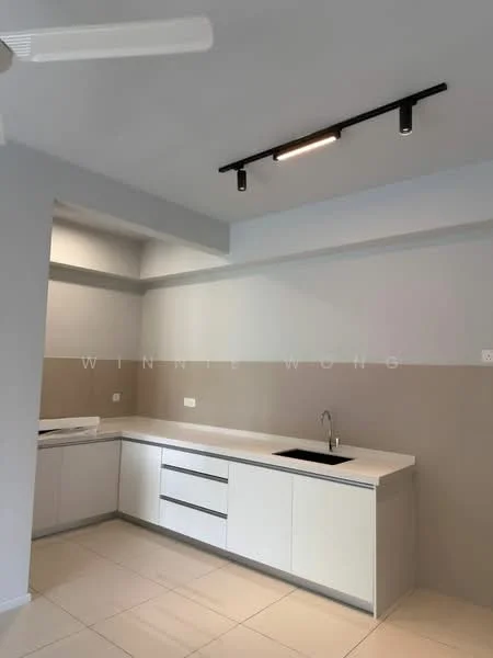 Kitchen features: white cabinetry with flat-panel doors, light grey backsplash, white countertop, single-bowl stainless-steel sink, chrome pull-down faucet, built-in oven, ceramic tile flooring, recessed LED downlights, ceiling fan, open shelving; style: modern.