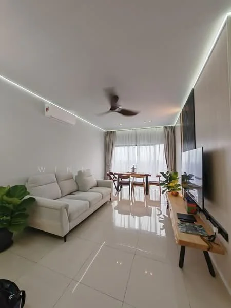 Living features: 3-seater fabric sofa in white, ceiling fan with light, wall-mounted TV, TV console, coffee table, large windows with sheer curtains, recessed LED downlights, glossy tile flooring, decorative plants in ceramic pots, dining table with chairs visible in background; style: modern; view: city.