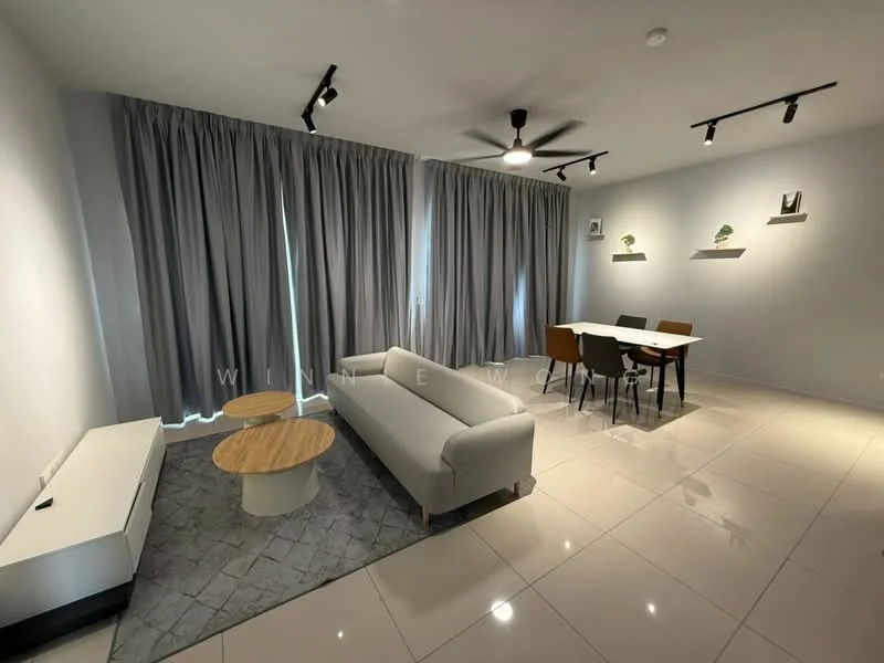 Living features: 3-seater fabric sofa in light grey, round coffee table with wooden top, area rug with geometric pattern, floor-to-ceiling windows with sheer curtains, 5-blade ceiling fan with light, recessed LED downlights, white TV console, dining table with 4 chairs, wall-mounted shelves with decorative items, glossy tile flooring, light grey painted walls; style: modern.