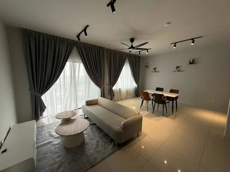 Living features: 3-seater fabric sofa in cream, round coffee table with wooden top, area rug with geometric pattern, floor-to-ceiling windows, sheer curtains, grey drapes, ceiling fan, recessed LED downlights, wall-mounted shelves, tile flooring in light color; style: modern; view: city. Dining features: 4-seater dining table in white, wooden dining chairs, minimalist design, wall-mounted shelves, tile flooring in light color; style: modern; view: city.