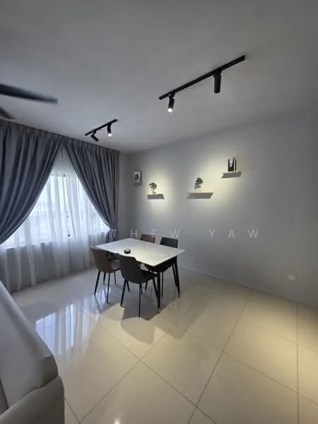 Dining features: white walls, grey curtains, dining table with four chairs, recessed LED downlights, polished tile flooring, decorative wall shelves, framed artwork on wall, floor-to-ceiling windows; style: modern.