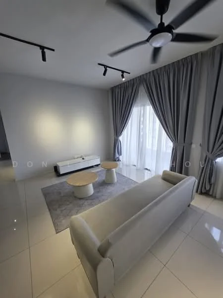 Living features: grey painted walls, polished ceramic tile flooring, 5-blade ceiling fan with light, floor-to-ceiling windows, sheer curtains, sofa in light grey fabric, 2 round coffee tables with light wood tops, area rug with geometric pattern, TV console in white, track lighting; style: modern.