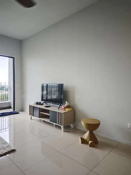Living features: light grey painted walls, glossy beige tile flooring, floor-to-ceiling windows, sliding glass door, wall-mounted TV, TV console with storage, decorative stool, area rug, ceiling fan; style: modern; view: city.
