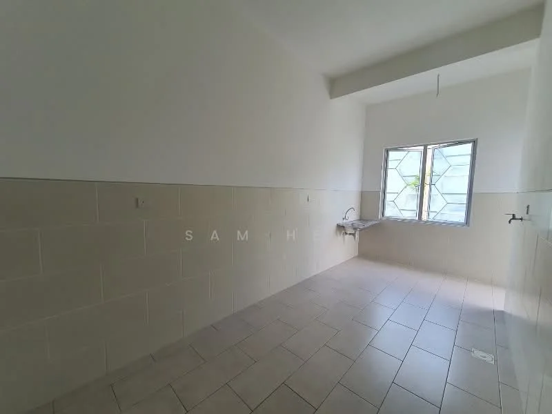 Kitchen features: white tiled walls, light beige tiled flooring, single-bowl stainless-steel sink, window with geometric design, no visible appliances, no cabinetry, plain ceiling, wall-mounted faucet.