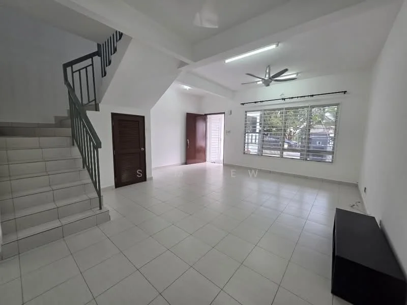 Living features: white painted walls, tile flooring, 5-blade ceiling fan with light, large windows with view of greenery, window treatments, light fixtures, corner TV console, open layout, access to staircase; style: modern; view: garden. Room features: staircase with metal railing, door leading outside, neutral color palette.