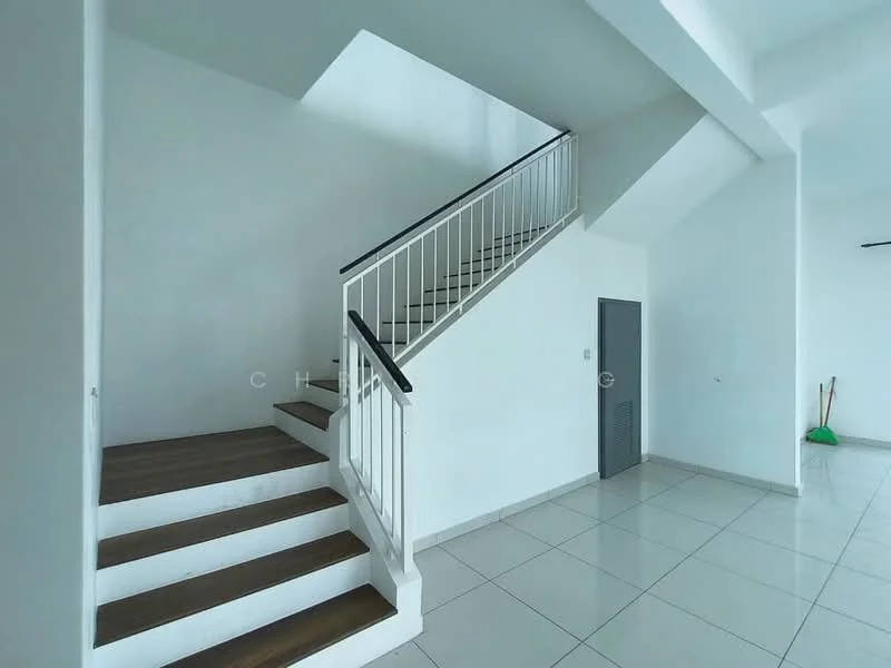 Room features: white painted walls, white ceiling, staircase with wooden steps, metal railing, ceramic tile flooring, corner with air conditioning vent, clean and minimal decor; style: modern.