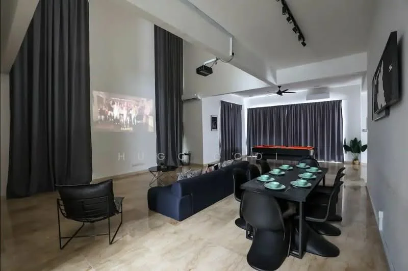 Living features: grey painted walls, marble flooring, 5-blade ceiling fan with light, projector screen, black sectional sofa, black dining table, black dining chairs, dark curtains, pool table, decorative wall art; style: modern.