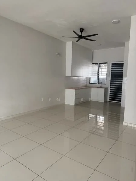 Living features: white painted walls, glossy ceramic tile flooring, 5-blade ceiling fan, large window with grille, open layout, kitchenette area with countertop, recessed lighting, neutral color scheme; style: modern.