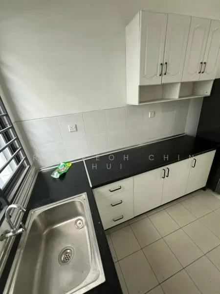 Kitchen features: single-bowl stainless-steel sink, chrome faucet, black countertop, white cabinetry with handles, tile backsplash, white tiled walls, floor tiles, multiple drawers and cabinets; style: modern.