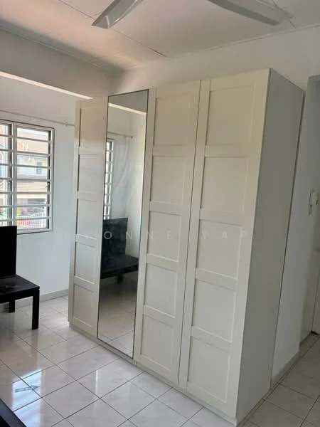 Room features: white painted walls, white tiled flooring, built-in wardrobe with mirrored doors, two-panel sliding mirror, black chair, window with horizontal slats, natural light from window; style: modern.