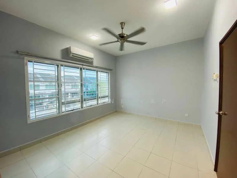 Room features: light grey painted walls, white ceiling, white tiled flooring, 5-blade ceiling fan with light, floor-to-ceiling windows, air conditioning unit, window treatments, no visible furniture; style: modern; view: city.