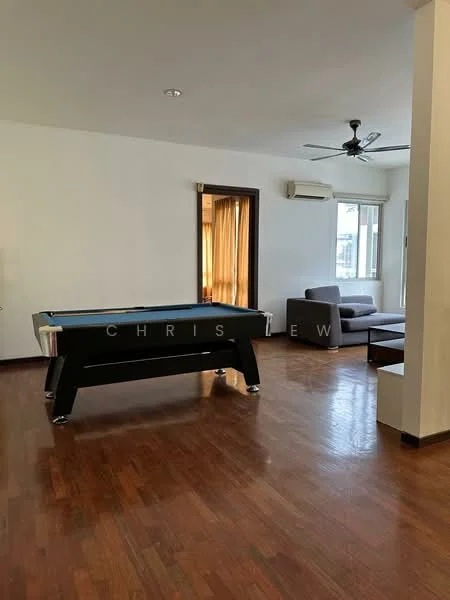 Living features: wooden flooring, white painted walls, ceiling fan, large window with sheer curtains, sofa in grey fabric, pool table, air conditioning unit; style: modern.