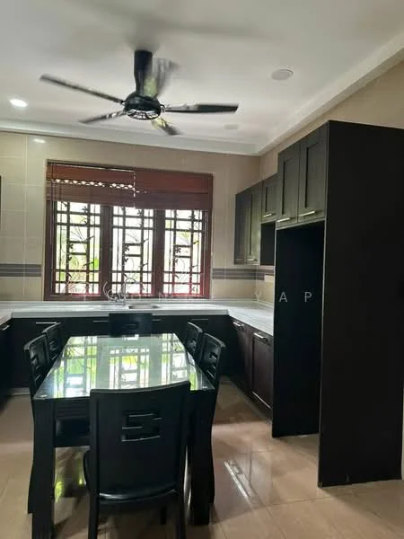 Kitchen features: black cabinetry, white countertop, glass dining table, black dining chairs, 5-blade ceiling fan, window with wooden blinds, tile flooring, recessed lighting, sink, kitchen island; style: modern; view: garden.
