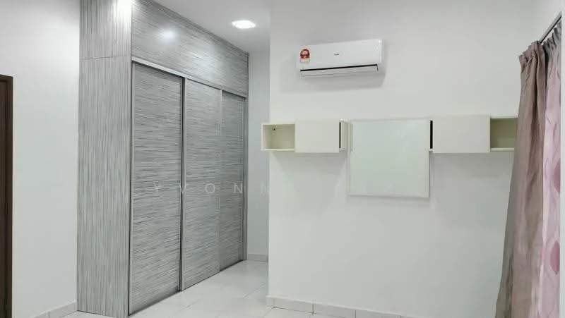 Room features: white painted walls, grey wood-textured cabinetry, floor tiles, 1 wall-mounted split AC, built-in shelving, framed mirror, curtains, recessed lighting; style: modern.