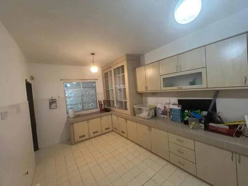 Kitchen features: light-colored cabinetry, laminate countertop, single-bowl stainless-steel sink, chrome pull-down faucet, built-in cabinets, window with grid pattern, tile flooring, ceiling light fixture, open shelving, kitchen appliances visible, counter space, neutral wall color; style: modern.