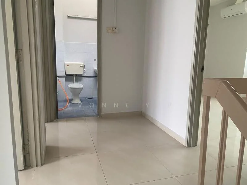 Room features: white painted walls, cream tiled flooring, doorway leading to another room, visible bathroom with toilet, light fixture on ceiling, air conditioning unit on wall.