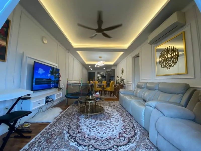 Living features: 3-seater leather sofa in light grey, coffee table with glass top, area rug with intricate pattern, wall-mounted TV, entertainment unit with storage, ceiling fan with integrated light, recessed LED downlights, decorative wall art, framed artwork, wood flooring, air conditioning unit; style: modern.