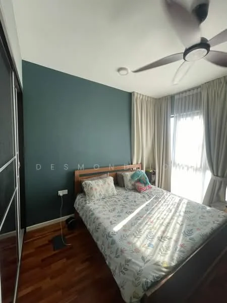 Bedroom features: queen-size bed with floral bedding, wooden bed frame, green accent wall, light-colored curtains, floor-to-ceiling window, wooden flooring, ceiling fan, nightstand, wall-mounted electrical outlet; style: modern.