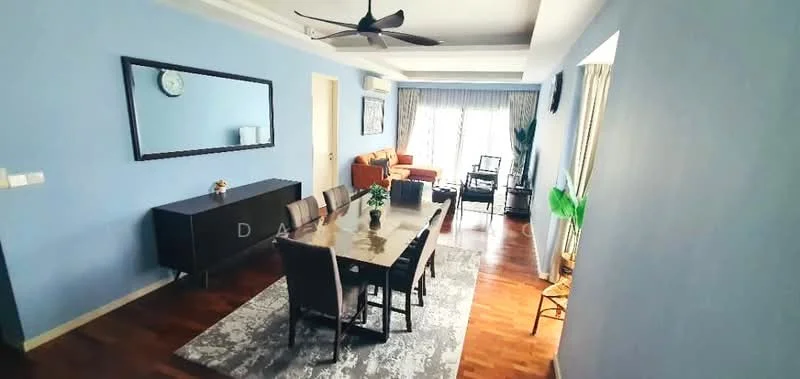 Dining features: dining table with 8 chairs, wooden flooring, blue painted walls, recessed downlights, wall-mounted mirror, decorative plant, area rug with geometric pattern, 5-blade ceiling fan, floor-to-ceiling windows with sheer curtains, sofa in living area visible, TV console in living area visible; style: modern; view: city.
