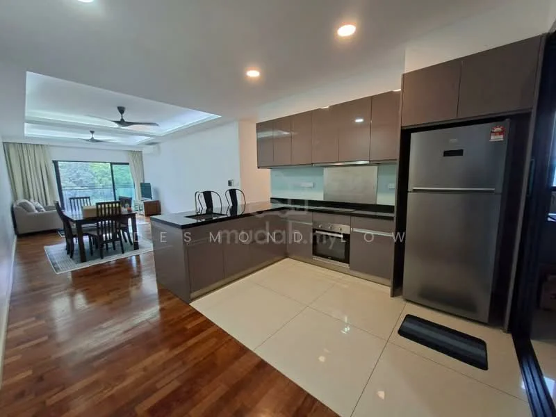 Kitchen features: brown cabinetry, white quartz countertop, stainless-steel sink, chrome pull-down faucet, built-in oven, stainless-steel fridge, 4-burner gas hob, ceramic tile flooring, recessed downlights, open shelving, wall-mounted extractor hood; style: modern. Dining features: 6-seater dining table, upholstered dining chairs, wooden flooring, pendant light, area rug; style: modern. Living features: sofa, coffee table, TV console, wooden flooring, floor-to-ceiling windows, curtains; style: modern.