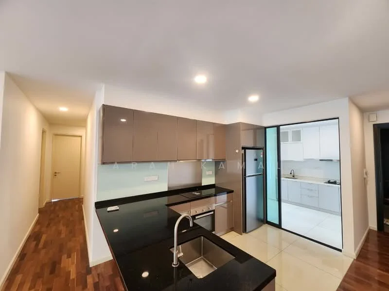 Kitchen features: black granite countertop, stainless-steel single-bowl sink, chrome pull-down faucet, built-in oven, stainless-steel fridge, flat-panel grey cabinets, glass splashback, recessed downlights, tile flooring, open layout to living area, sliding glass door to balcony; style: modern. Room features: wooden flooring, white painted walls, doorway leading to hallway.