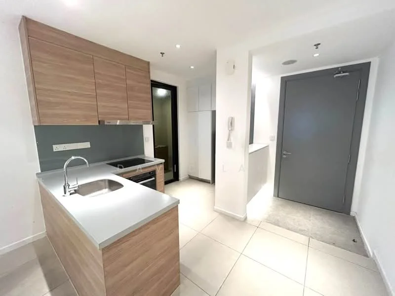 Kitchen features: wood cabinetry, grey backsplash, stainless-steel sink, chrome pull-down faucet, built-in oven, electric cooktop, countertop with overhang, tile flooring, recessed downlights; style: modern. Room features: white walls, grey door, tile flooring, recessed lighting.