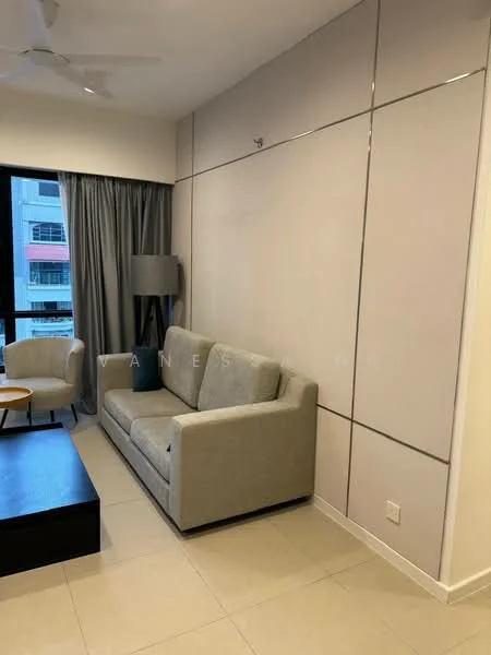 Living features: light grey fabric sofa, black coffee table, floor lamp, curtains in grey, cream tiled flooring, wall with paneling, ceiling fan, large window with city view; style: modern; view: city.