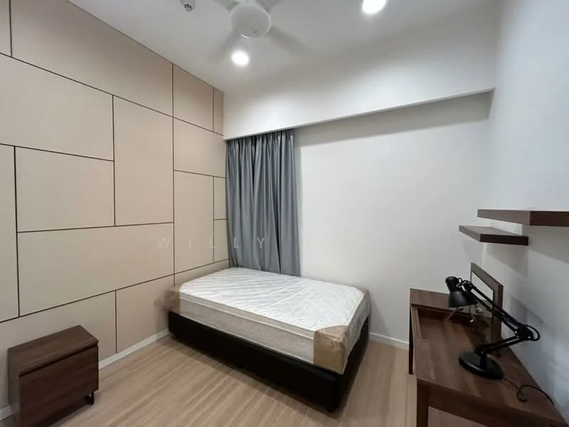 Bedroom features: queen-size bed, light wood flooring, cream painted walls, accent wall with geometric pattern, floor-to-ceiling window with grey curtains, wall-mounted shelf, desk lamp, nightstand; style: modern.