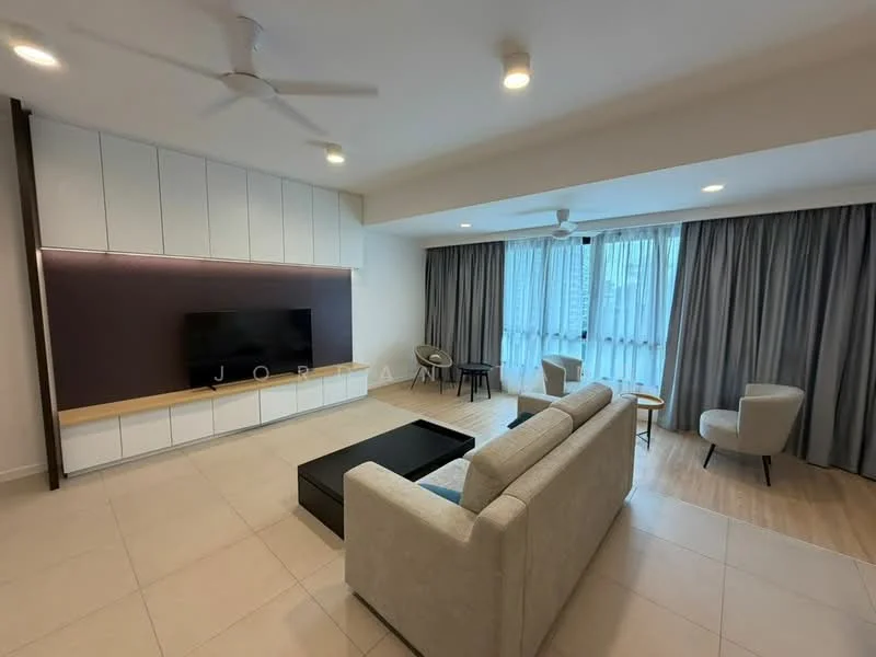 Living features: light grey fabric sofa, black coffee table, wall-mounted TV, white cabinetry with storage, purple accent wall, floor-to-ceiling windows, sheer curtains, grey blackout curtains, ceiling fan with light, wooden flooring, decorative armchairs; style: modern; view: city.