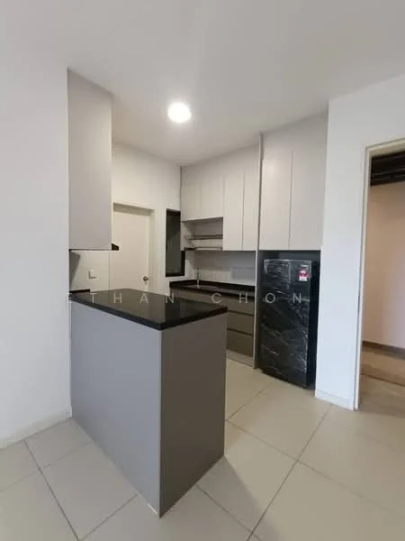 Kitchen features: grey cabinetry, black countertop, stainless-steel sink, built-in oven, ceramic tile flooring, white walls, recessed downlights, open shelving, kitchen island, sliding door, window, wall-mounted cabinets; style: modern.