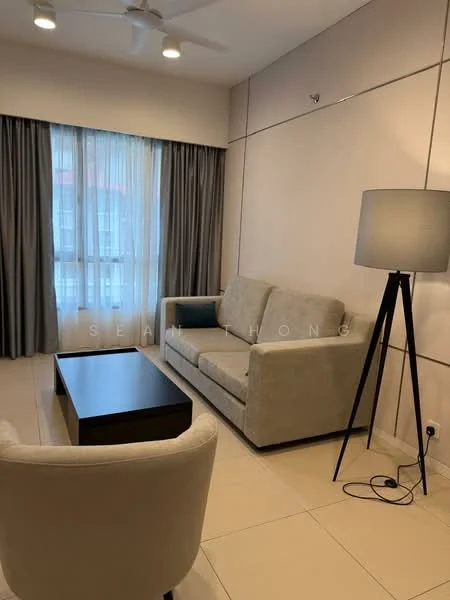 Living features: 3-seater fabric sofa in light grey, coffee table in black, floor lamp with tripod base, curtains in light grey, floor-to-ceiling windows, cream painted walls, tile flooring, ceiling fan with light; style: modern.