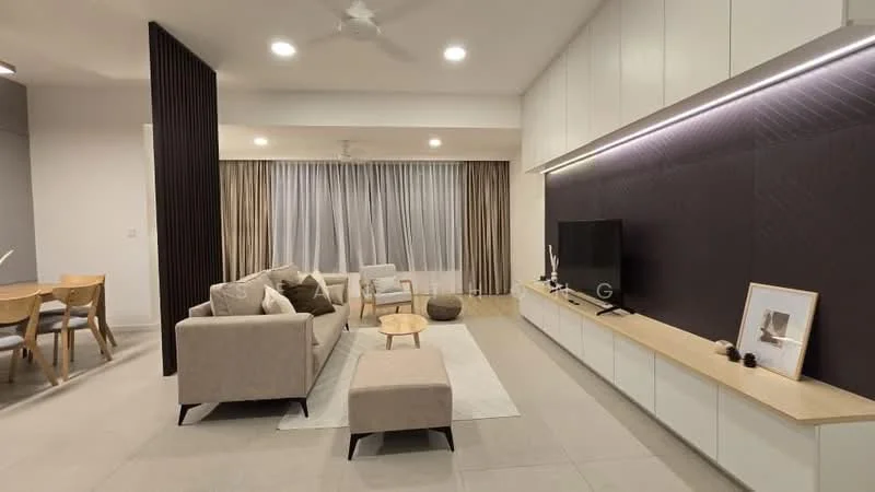 Living features: 3-seater fabric sofa in light grey, 2 armchairs in light grey, wooden coffee table, ottoman, TV console with wall-mounted TV, light wood cabinetry, recessed downlights, ceiling fan, floor-to-ceiling windows with sheer curtains, beige area rug, decorative wall panel with geometric pattern; style: modern. Dining features: 4-seater wooden dining table, wooden dining chairs, light-colored flooring; style: modern.